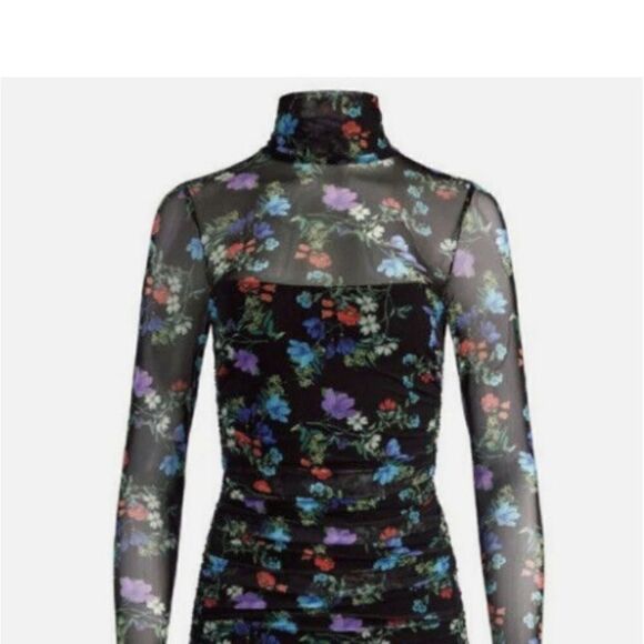 ALICE + OLIVIA DELORA FLORAL RUCHED STRETCH MESH BODY-CON BLACK DRESS sz 4 - Picture 8 of 11